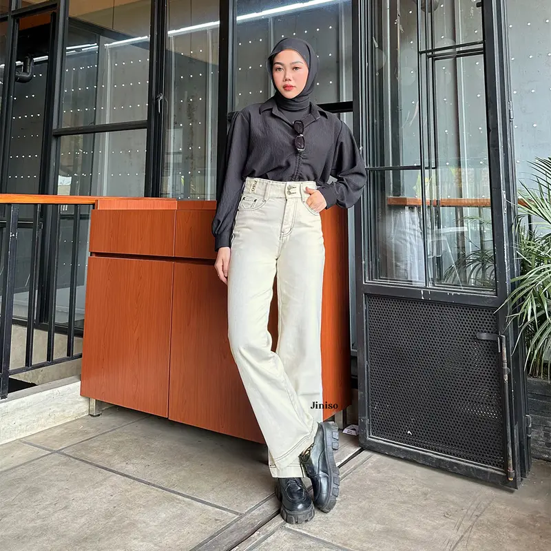JINISO GET LOW - 582 Baggy Highwaist Celana Jeans Wanita Warna Cookies And Cream 5