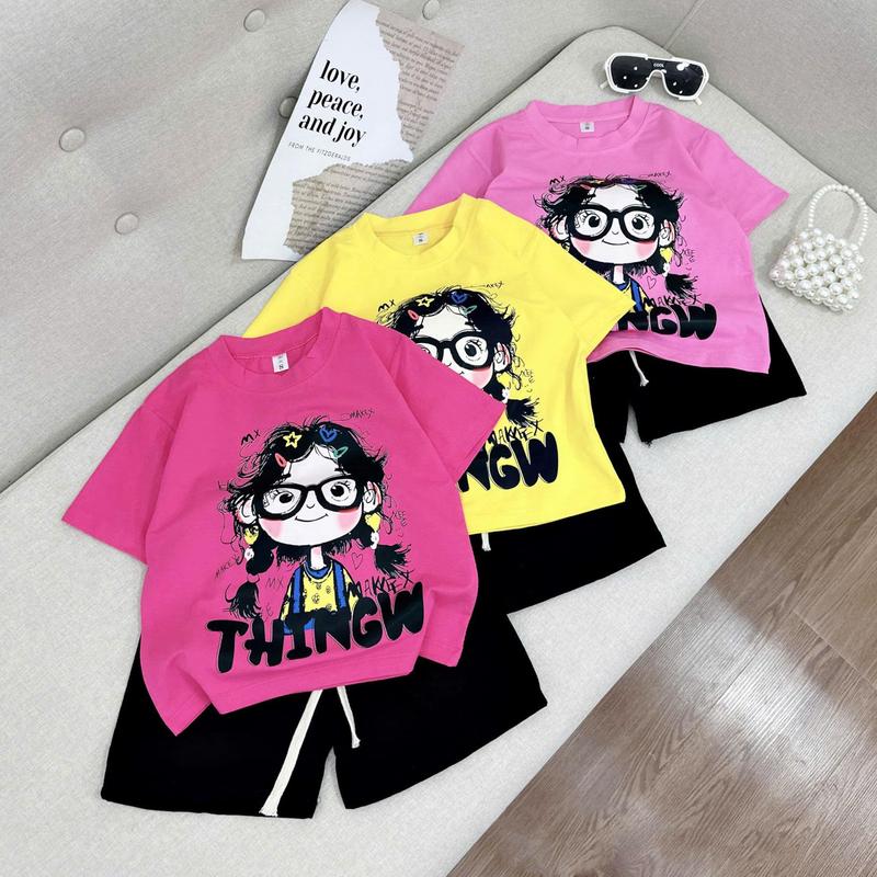[Shop Tôm Tít] B117- Bộ Quần Áo Cho Bé Gái 15-25kg, Chất Cotton, In Hình Cô Gái Phối Quần Thun 3