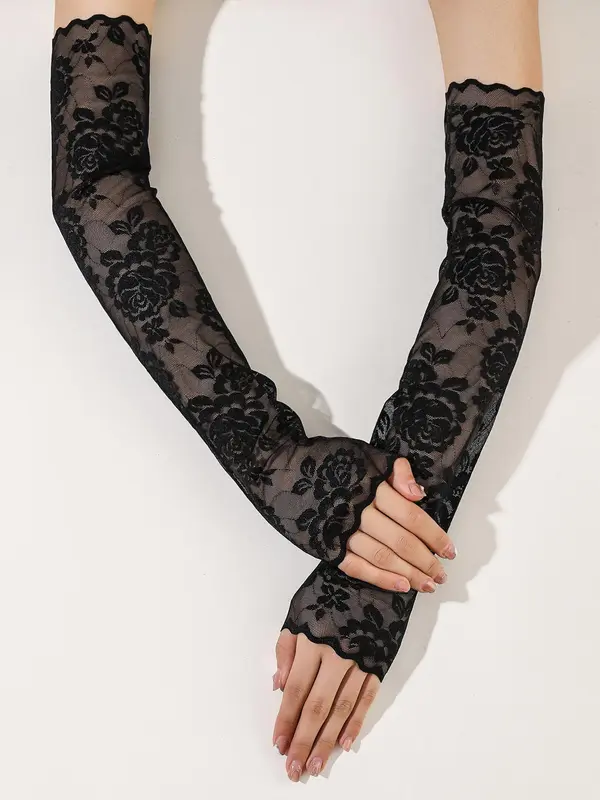 Women's Summer 2024 Fashion Lace Flower Design Arm Sleeves, Elegant Sun Protection Gloves for Women & Girls, Fashion Gloves for Party, Daily Clothing Decor 0