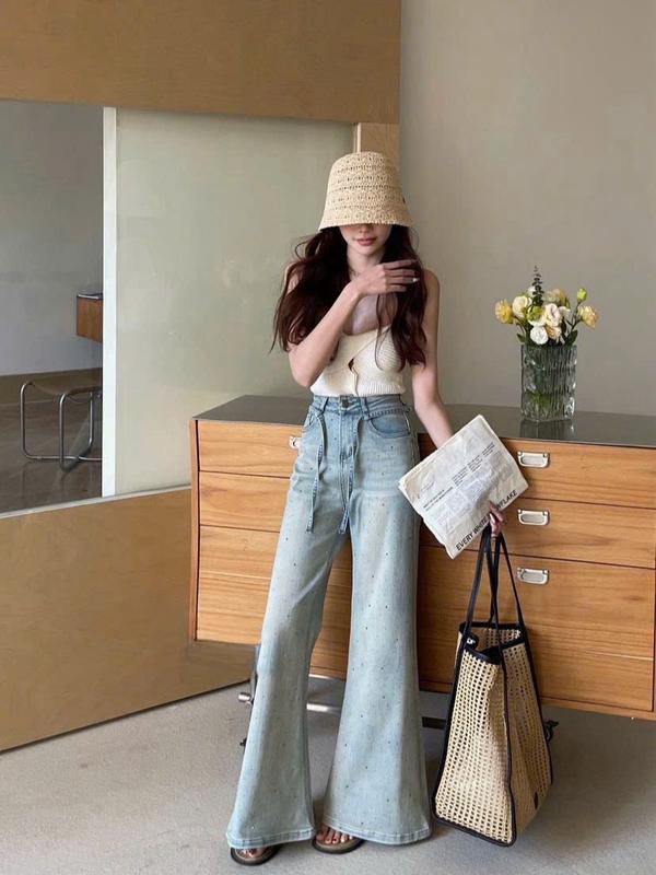 (QB519) Quần jean ống rộng loe màu mài ánh bạc cạp phối dây MAIDO TRENDY Nữ Pants 4