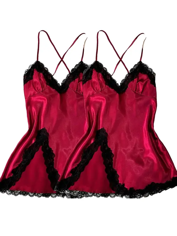 Women's Contrast Lace Criss Cross Bow Back Satin Cami Nightdress, Silky Naughty Lingerie, Night Gown for Women, House Dress for Women, Elegant Spaghetti Strap Split Hem Backless Night Gown, Ladies Summer Sleepwear & Loungewear, Pyjamas for Women 6