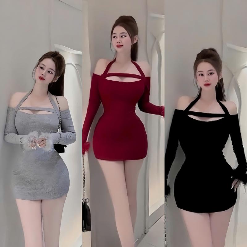 Đầm váy nữ ôm body cổ V tay dài phối lông vũ sang chảnh, tôn dáng, dễ thương phù hợp cho các nàng đi tiệc, đi chơi