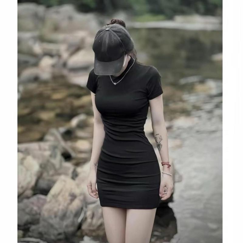 Đầm Váy đen ôm body tôn dáng sexy chất thun tăm co dãn, Đầm suông dáng ngắn cá tính đi chơi dự tiệc phong cách hàn quốc mã hp44 4