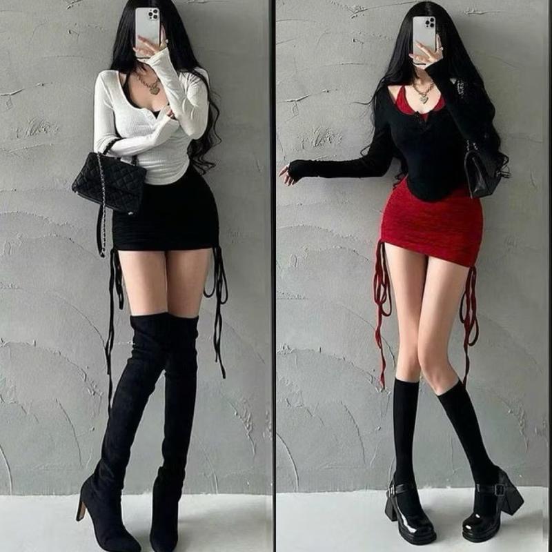    SĐ-266   Sét bộ nữ 2 món đầm ôm body nữ kiểu cổ yếm phối rút dây đùi kèm áo tay dài xẻ cổ tim chất vải thun gân len 4 chiều Free Size dưới 54kg top hot trend Bảo An Shop 