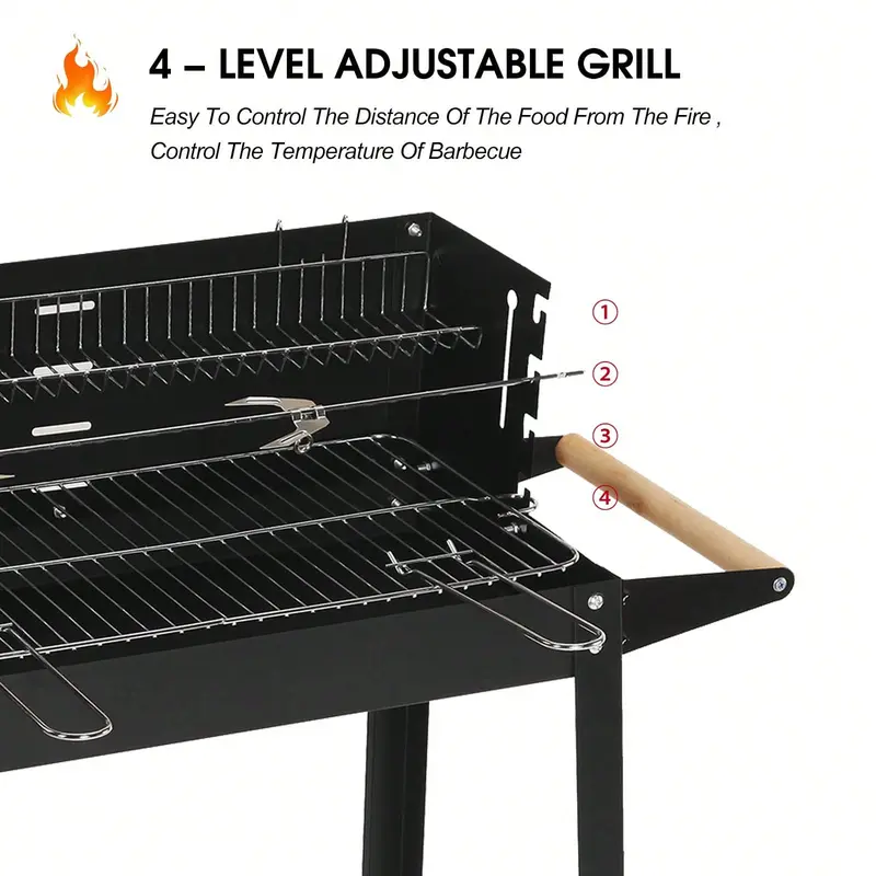 Palakjot KAUR Charcoal BBQ Barbecue Grill Steel Rectangular Trolley For Outdoor Patio Garden W/Wheels & Shelves 7