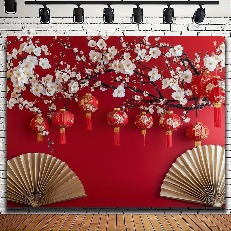 Nền chụp ảnh hoa đèn lồng đỏ, chất liệu Polyester, hoàn hảo cho các lễ kỷ niệm năm mới và đạo cụ chụp ảnh, có kích thước từ 39x59in đến 70,8x90,5in 0