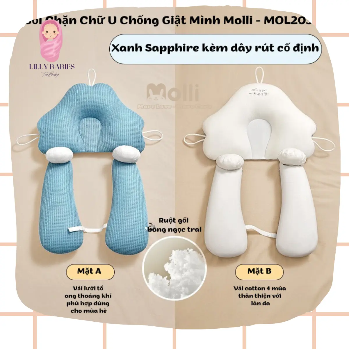 Gối Chặn Chữ U Molli Chống Giật Mình Cao Cấp. Giúp Bé Ngủ Ngon