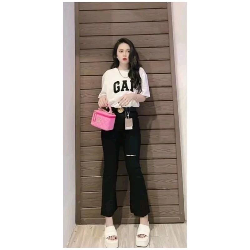 Quần jean ống loe lưng cao nữ rách gối 1 bên vải jean giấy co giãn tốt Q55 2