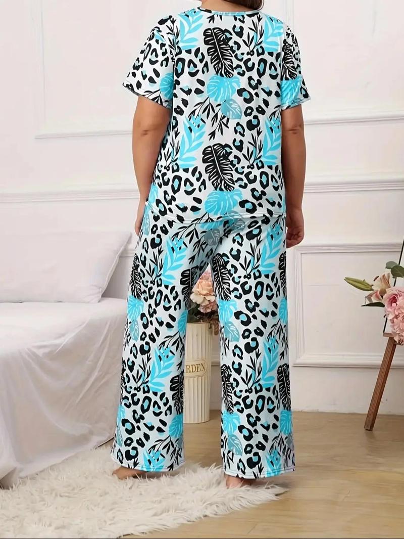 Product Introduction of 2 Pieces Plus Size All Over Print Pyjama Set, T-shirt & Trousers Two-piece Pj Set, Plus Size Clothing for Daily Home Wear, Casual Pyjamas for Women, Women's Sleepwear, Lounge Set for Women, Summer Clothes Women, Pajamas Sets Women 22