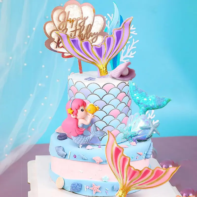 Mermaid Themed Cake Decoration Set, 6 Counts/set Mermaid Tail & Shell & Starfish & Birthday Card Cake Topper, Cake Decoration Supplies for Birthday Party, Ornaments 4