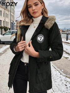 YOZY Women's Letter Patched Button Front Contrast Faux Fur Hooded Coat, Casual Drawstring Zip Up Long Sleeve Outerwear for Fall & Winter, Women's Clothes for Daily Wear