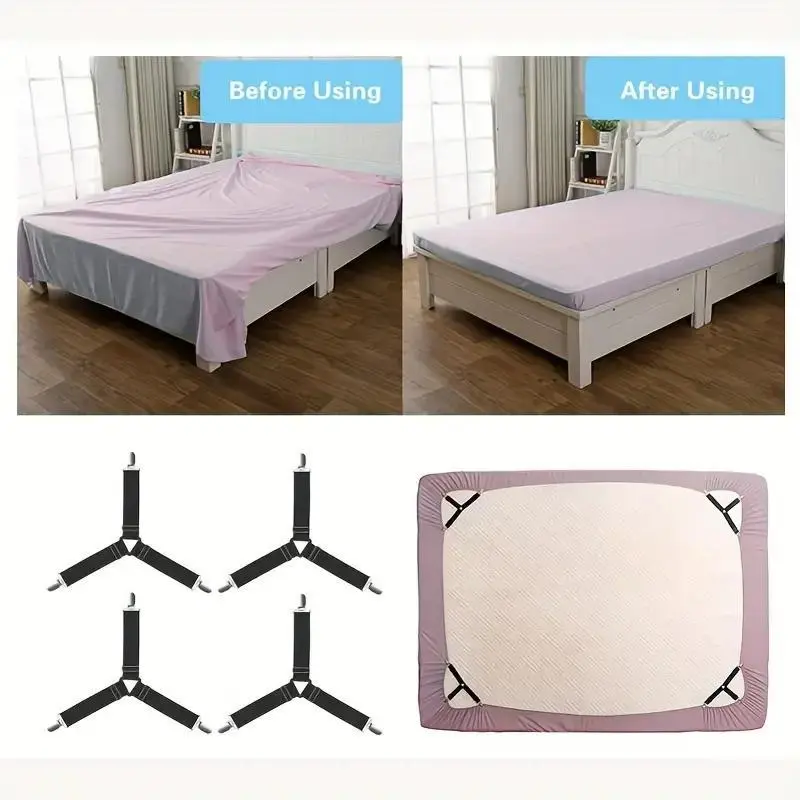 Adjustable Elastic Bed Sheet Fastener, 4 Counts/set Triangle Metal Clip Quilt Fixing Strap, Bedding Accessories for Home Bedroom Hotel Dormitory 5