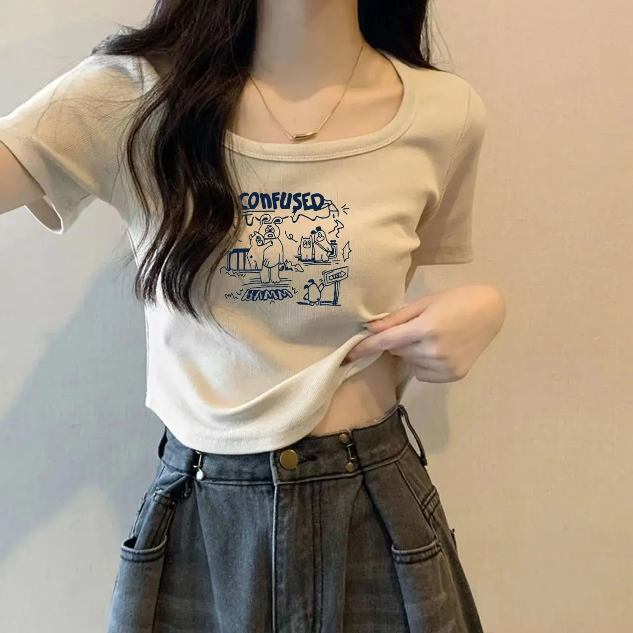 Áo Thun Vai Thông Thường Cổ Vuông, Dành Cho Phụ Nữ Ngoại Cỡ, Ngắn, Thời Trang Phong Cách Mỹ, Mỏng Vừa Vặn, Tôn Dáng, Áo Bất Đối Xứng Ins Top Women