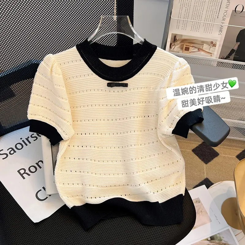 Áo Len Phồng ngắn Tay Phong Cách Pháp Ngọt Ngào, Phong Cách Cổ Điển Thích Hợp Cho Mùa Hè Của Phụ Nữ, Thiết Kế Đẹp, Độc Đáo Và Sang Trọng, Váy Ngắn