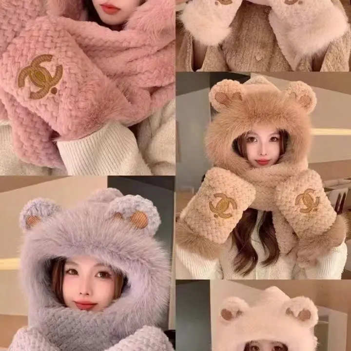 Mũ len nữ thời trang Hàn Quốc , nón lông cừu tai gấu kèm găng tay và khăn quàng cổ cute ấm áp (có nhiều màu) Hat 2