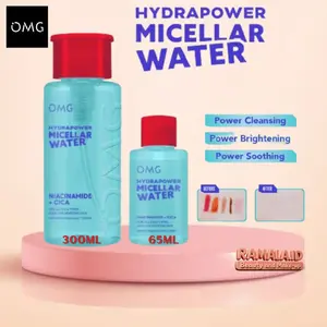 OMG OH MY GLOW HydraPower Micellar Water 300ml & 65ml - Mencerahkan Melembabkan & Fresh dengan Niacinamide & Cica - Membersihkan Makeup Waterproof Tanpa Berminyak - Facial, Kapas
