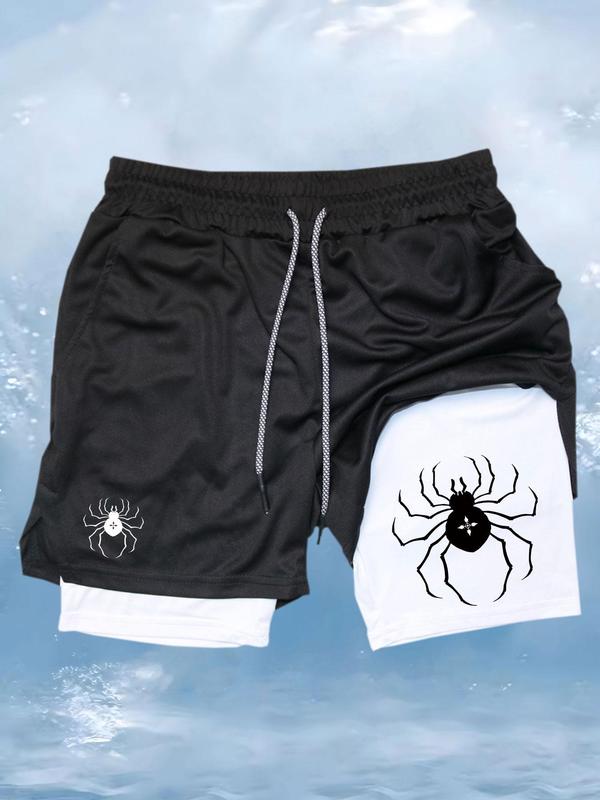 Men's Spider Print 2 in 1 Drawstring Waist Sporty Shorts, Casual Sporty Regular Fit Quick Drying Breathable Bottoms, Men Sports Clothes for Gym Workout Running 7