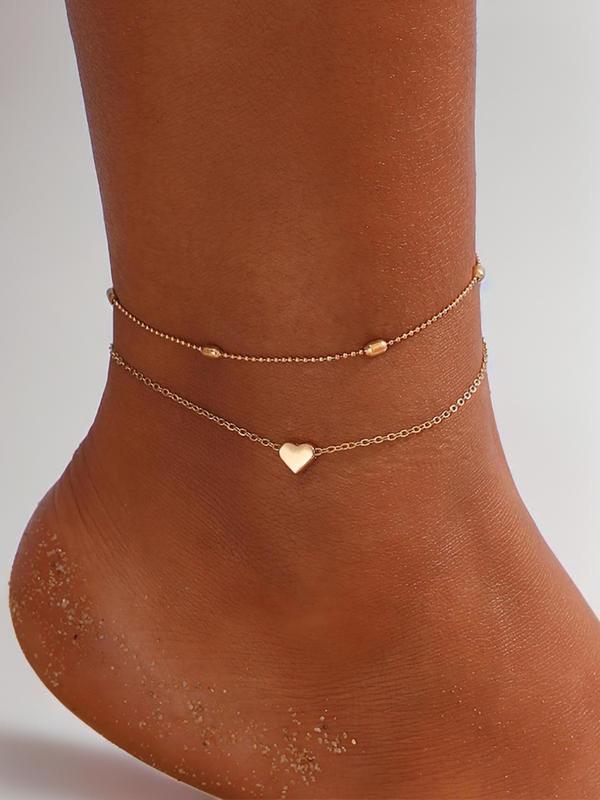 Women's Heart Decorated Double Layered Anklet, Simple Multilayer Anklet for Women, Boho Style Anklet for Summer Beach Vacation, Fashion All-match Body Clean Girl Jewelry for Women for Gift, Fashion Accessories, Valentine's Day, Gift 7