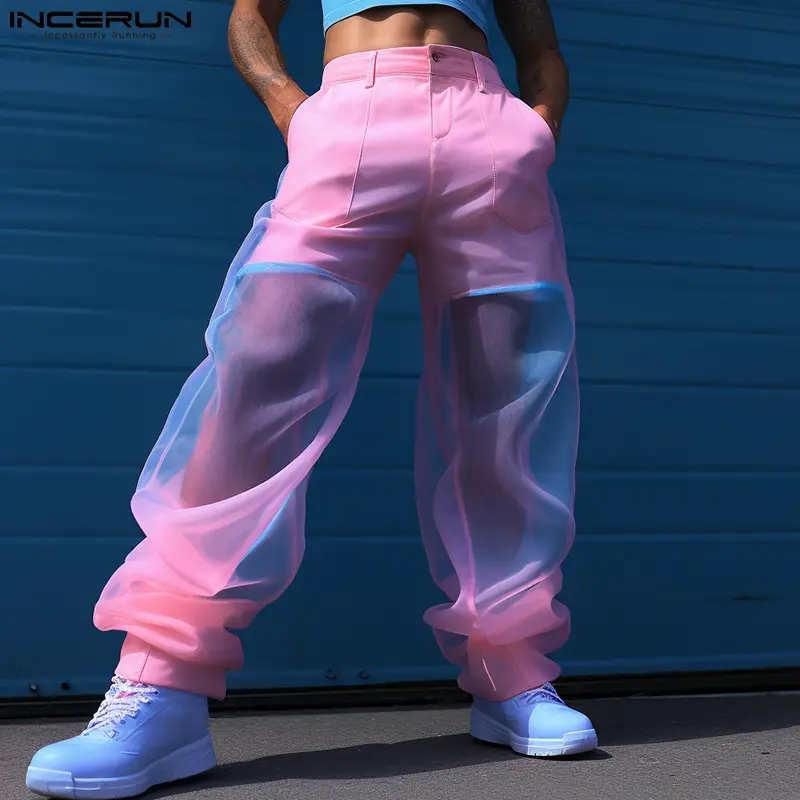INCERUN Mens Street Loose See Through Long Pants Fashion Front Button Tie Dye Trousers (Western Style)