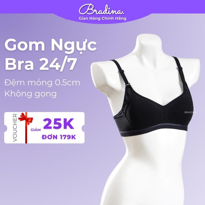 Áo lót không gọng đệm mỏng Bradina Cotton Basic, bra ôm vòng 1, nâng vòng 1 nhẹ, thoáng khí tốt ALKG5