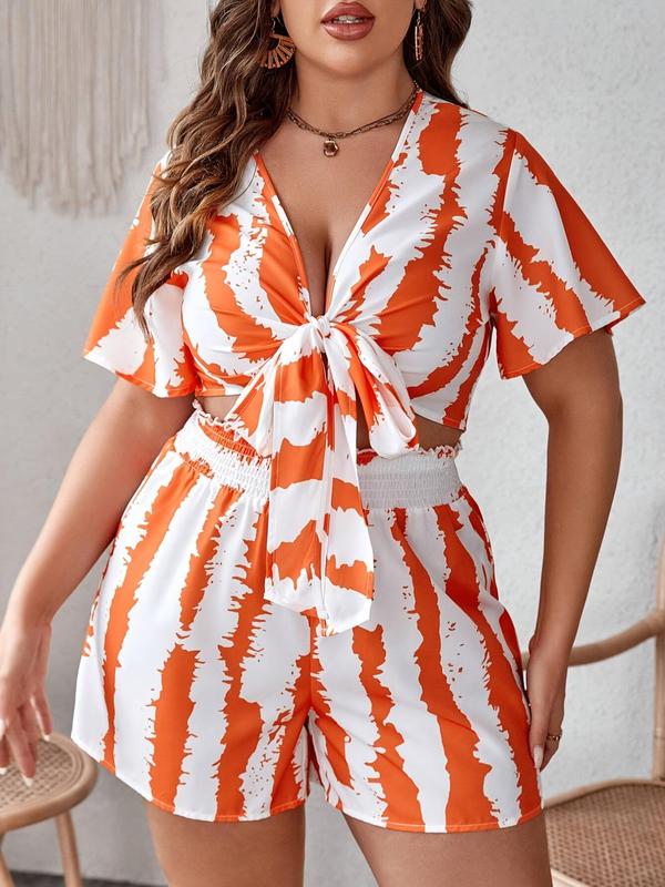 【Plus Size】Two-Piece Set Striped Print Knot Front Blouse & Paper Bag Waist Shorts Set, Casual Relaxed Short Sleeve Top & High Waist Shorts for Daily Wear, Women's Outfits for All Seasons 3