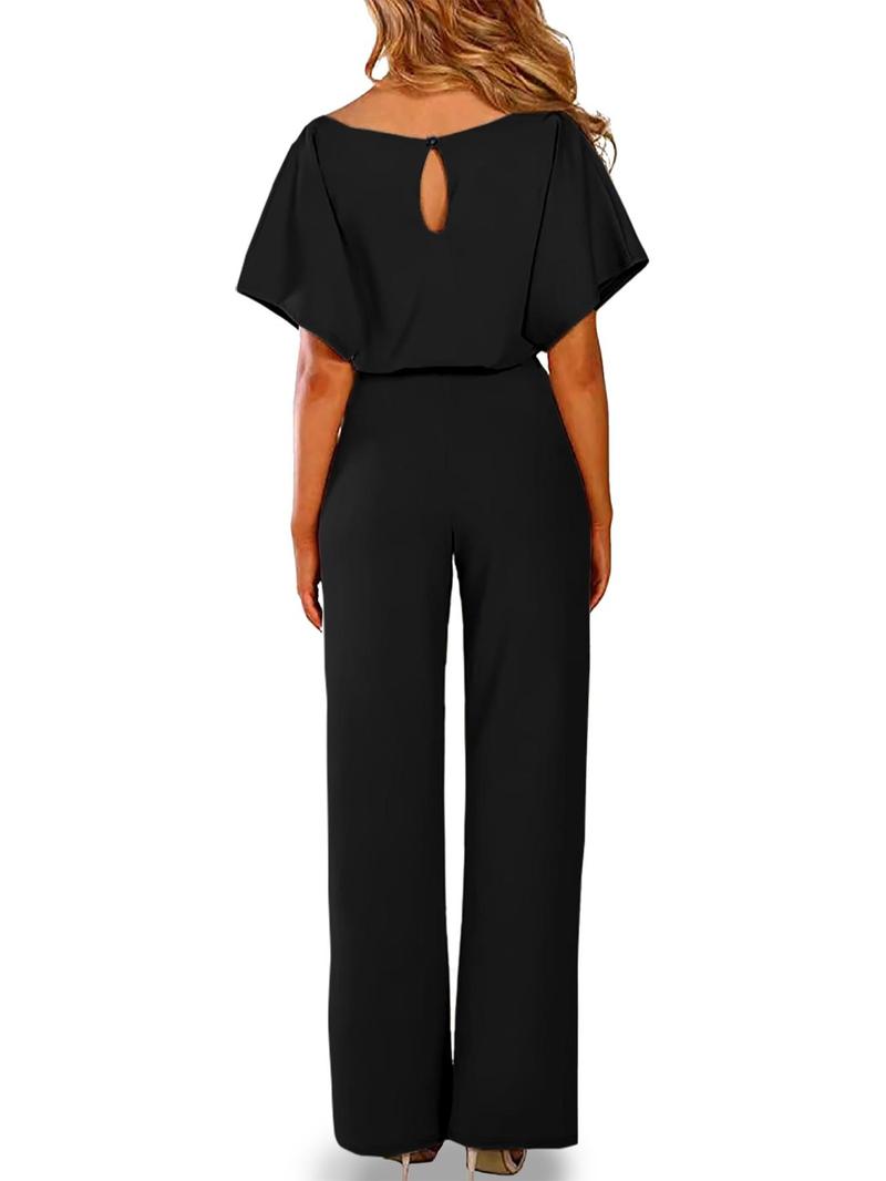 Product Introduction of Women's Plain Cut Out Tie Front Batwing Sleeve Jumpsuit, Casual Simple Short Sleeve Straight Leg Jumpsuit for Summer, Women's Clothing 2024,  Fashion Women's One-piece Clothing for Daily Wear, Summer Clothes, Back To School Outfits 13
