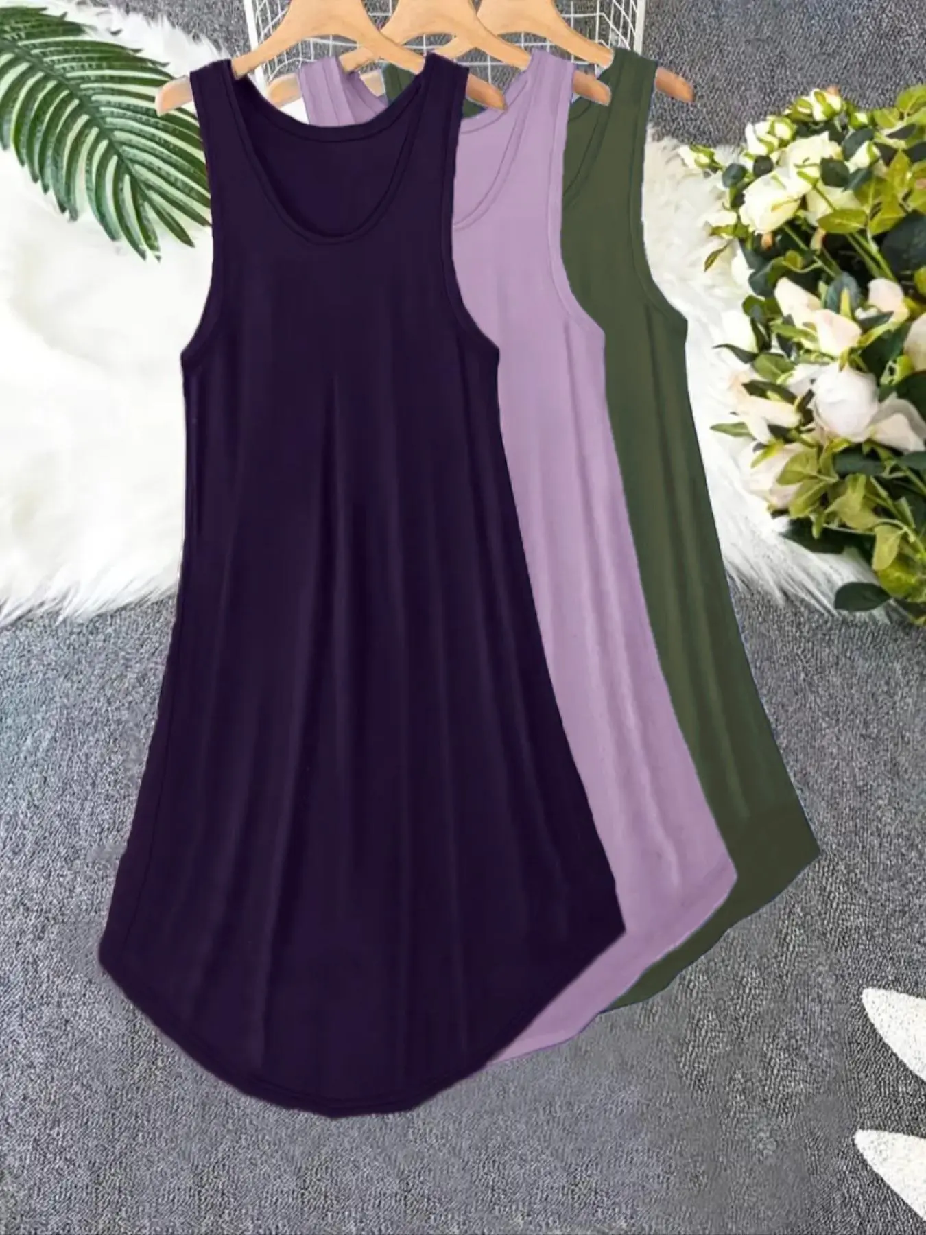 【Plus Size】 Solid Color Tank Nightdress, Casual Soft Comfortable Sleeveless Nightgown for Women, Women's Sleepwear for Summer