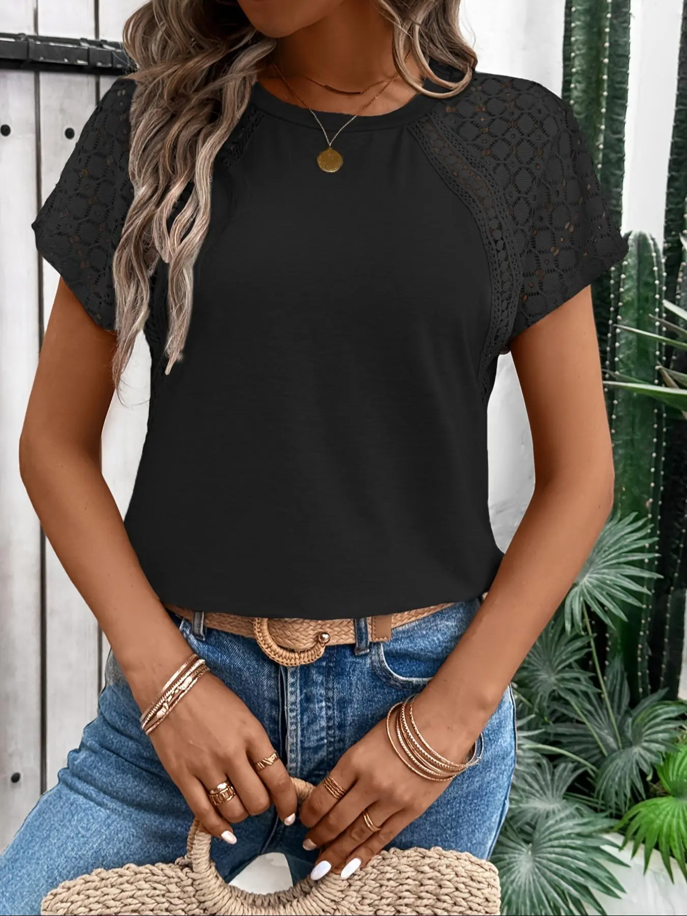 Women's  Solid Raglan Sleeve Tee, Casual Short Sleeve T-shirt for Daily Wear, Ladies Clothes for All Seasons