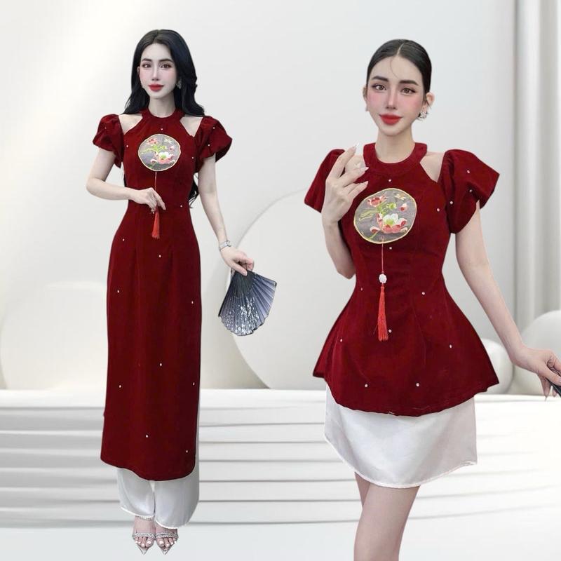 ( NGẮN / DÀI ) Set áo dài tết thiết kế CRAZYTEEN S5520 dành cho nữ gồm áo dài nhung cổ yếm tay phồng đính đá và quần suông để đi chơi ( Áo dài nhung/ Quần suông )