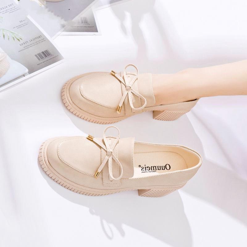  Giày Da Nữ búp bê phong cách Nhật Bản đế cao 3P đính nơ 