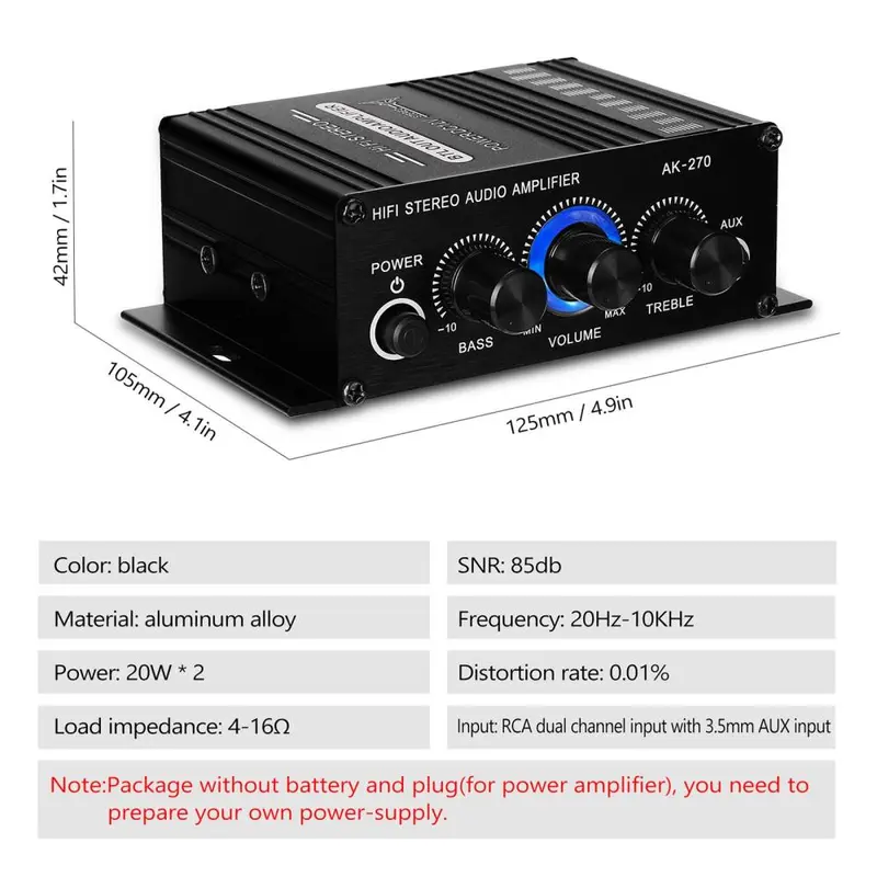Bộ khuếch đại âm thanh nổi mini, AMP, 12V 2A, Âm thanh 2 kênh, Đầu vào âm trầm và âm bổng, 3,5 mm AUX, Thích hợp cho loa nguồn 2