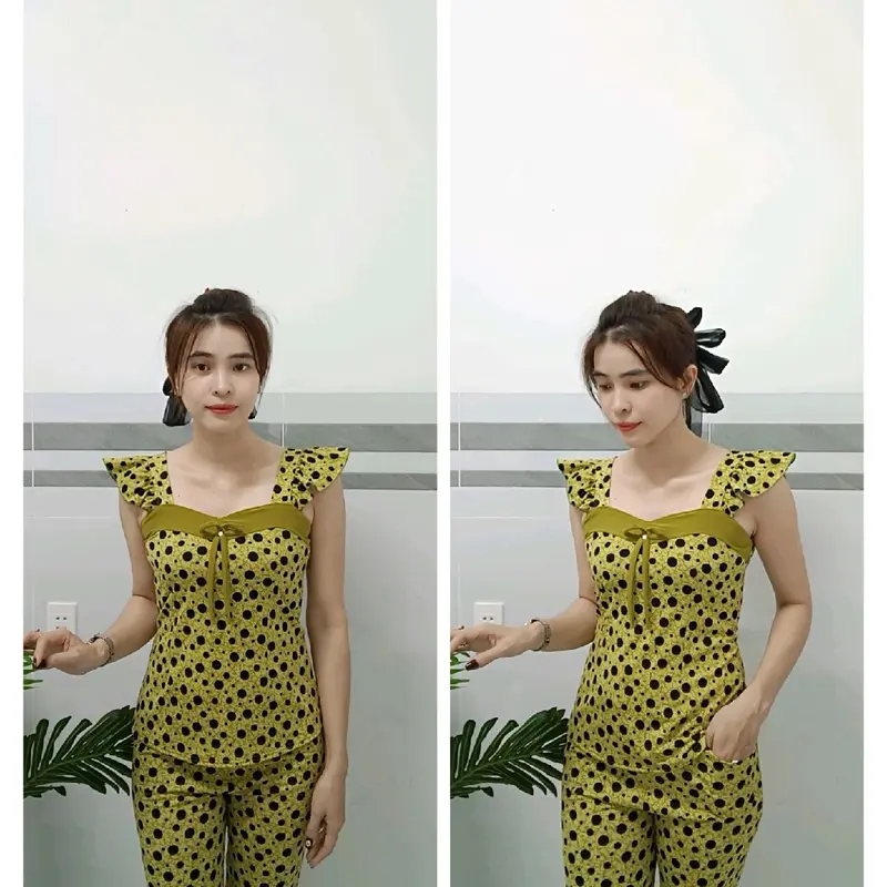 Mã 004 thun aty tơ đồ bộ thiết kế vải đẹp, quần dài ống ôm, áo tay cánh tiên phối màu Nữ Women 1