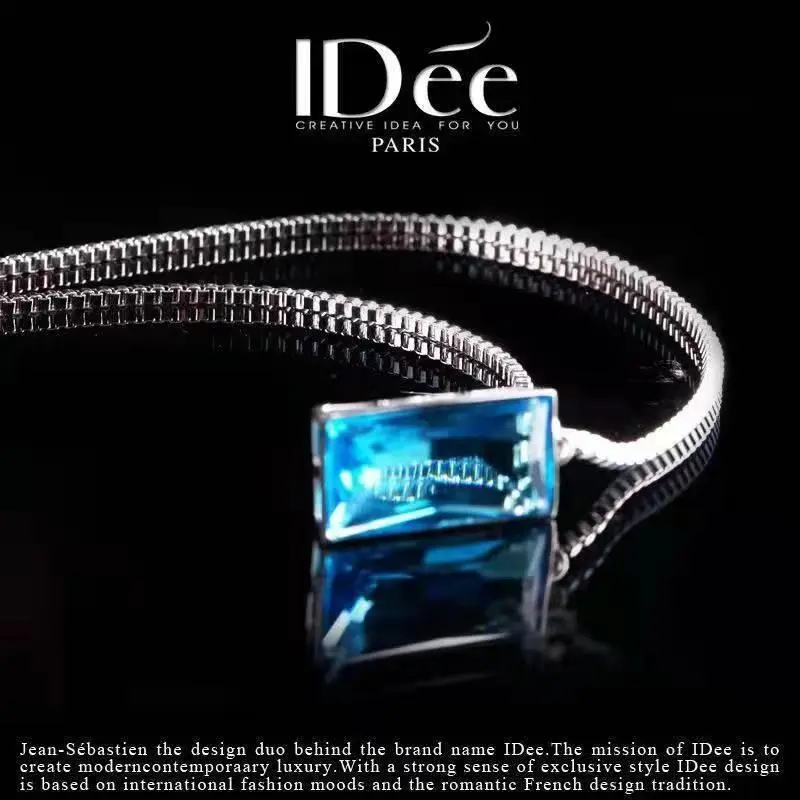 Mặt Dây Chuyền Nam, Đá Topaz Tự Nhiên, Đá Quý Hình Vuông Màu Xanh Dương 49,4 Karat, Vòng Cổ, Mạ Bạc Sterling 925, Mạ Bạch Kim 18K 1
