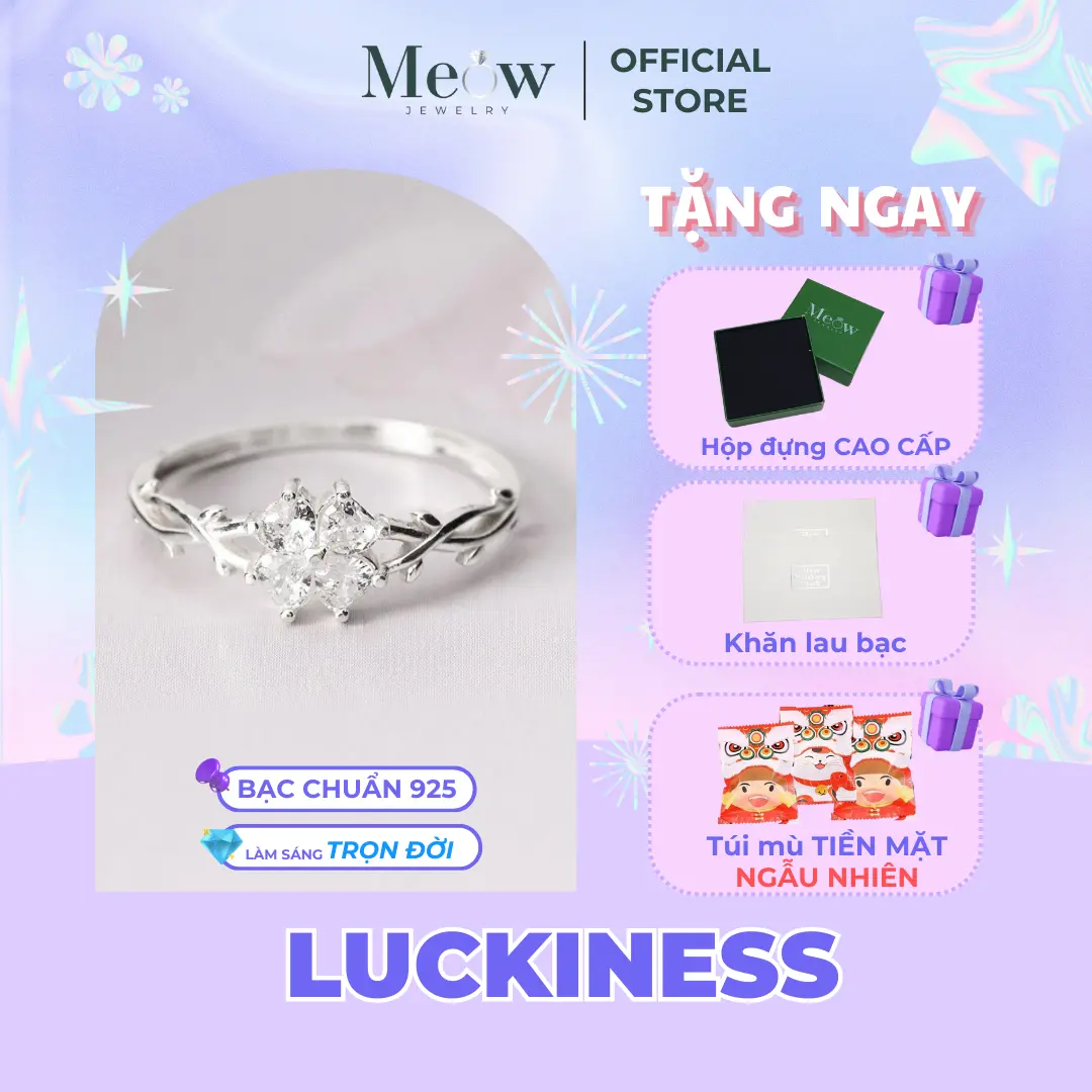 Nhẫn bạc nữ LUCKINESS cỏ 4 lá uốn lượn mềm mại đính đá sáng lấp lánh MEOW JEWELRY - MN08
