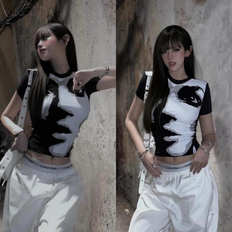 Áo thun nữ crop top màu đen body tôn eo in màu bò sữa Áo thun ôm body sexy hack eo Bigsize Kim Ngân từ 50kg đến 100kg M/L/XL/XXL