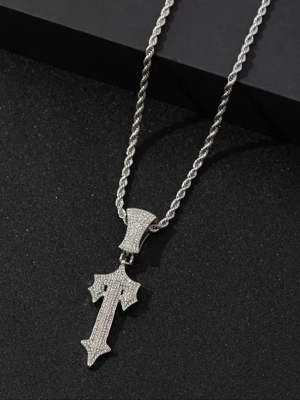 Men's Hip Hop Style Cross Pendant Necklace, Rhinestone Decor Cuban Chain Necklace, Punk Style Jewelry for Party, Daily Decor for Boy 3