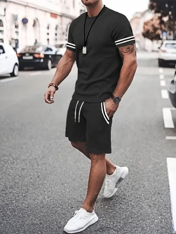 Classy Two Piece Sets Men's Contrast Binding Tee & Drawstring Waist Shorts Set, Casual Short Sleeve Round Neck T-shirt & Pocket Track Shorts, Autumn Outfits, Menswear, Posh Men's Clothes, College Outfits UK, Balkan School Outfits, Outfit Sets for Men 2