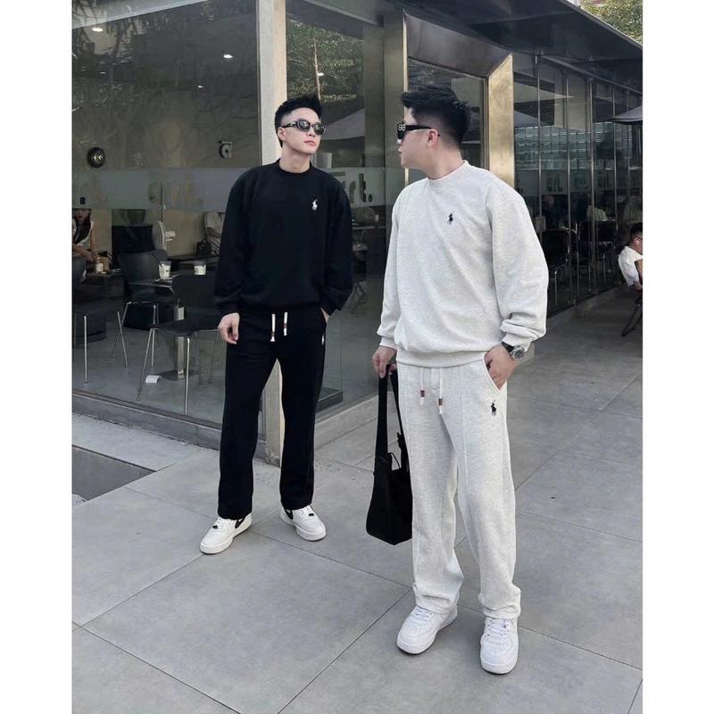 Bộ Quần Áo Nam Nữ Chất Nỉ 2 Da Dầy Dặn, Áo Cổ Tròn Dài Tay, kèm Quần Chun Dáng Suông Ống Rộng, Hoạ Tiết Thêu Phong Cách - MS09