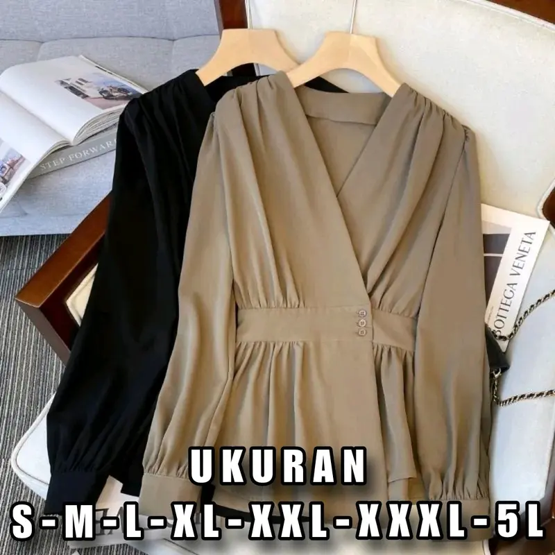 Nuansa Blouse Wanita Jumbo - Atasan Kimono Wanita Big Size - Korean Style - UKURAN S M L XL XXL XXXL 5L - V-Neck - Polos - Hitam  Crinkle Busui Nyaman Airflow Kancing Oversize Serut Casual kemeja  korean style 0
