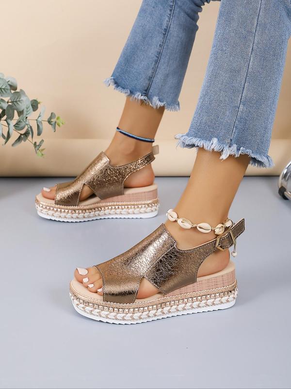 Women's Fashionable Solid Color Wedge Sandals, 1 Pair Casual Versatile Hollow out Design Buckle Decorated Sandals, Trendy Shoes for Summer 8