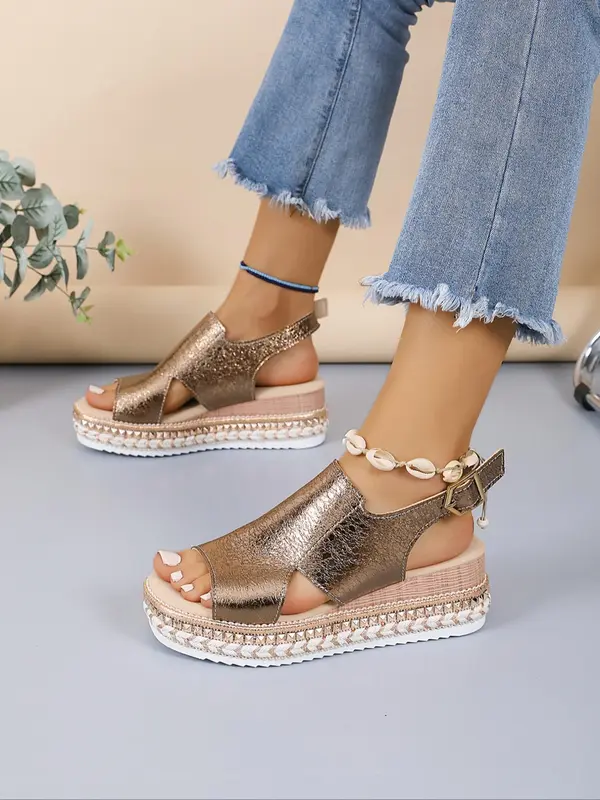 Women's Fashionable Solid Color Wedge Sandals, 1 Pair Casual Versatile Hollow out Design Buckle Decorated Sandals, Trendy Shoes for Summer 8