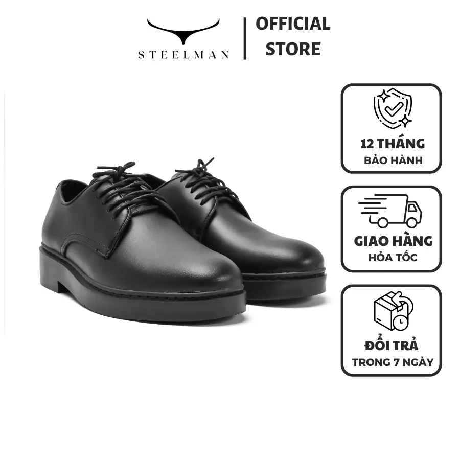 Giày tây nam Derby Classic màu đen với độ bóng nhẹ, kiểu dáng thời trang, đế cao su non được khâu chắc chắn độn 3cm