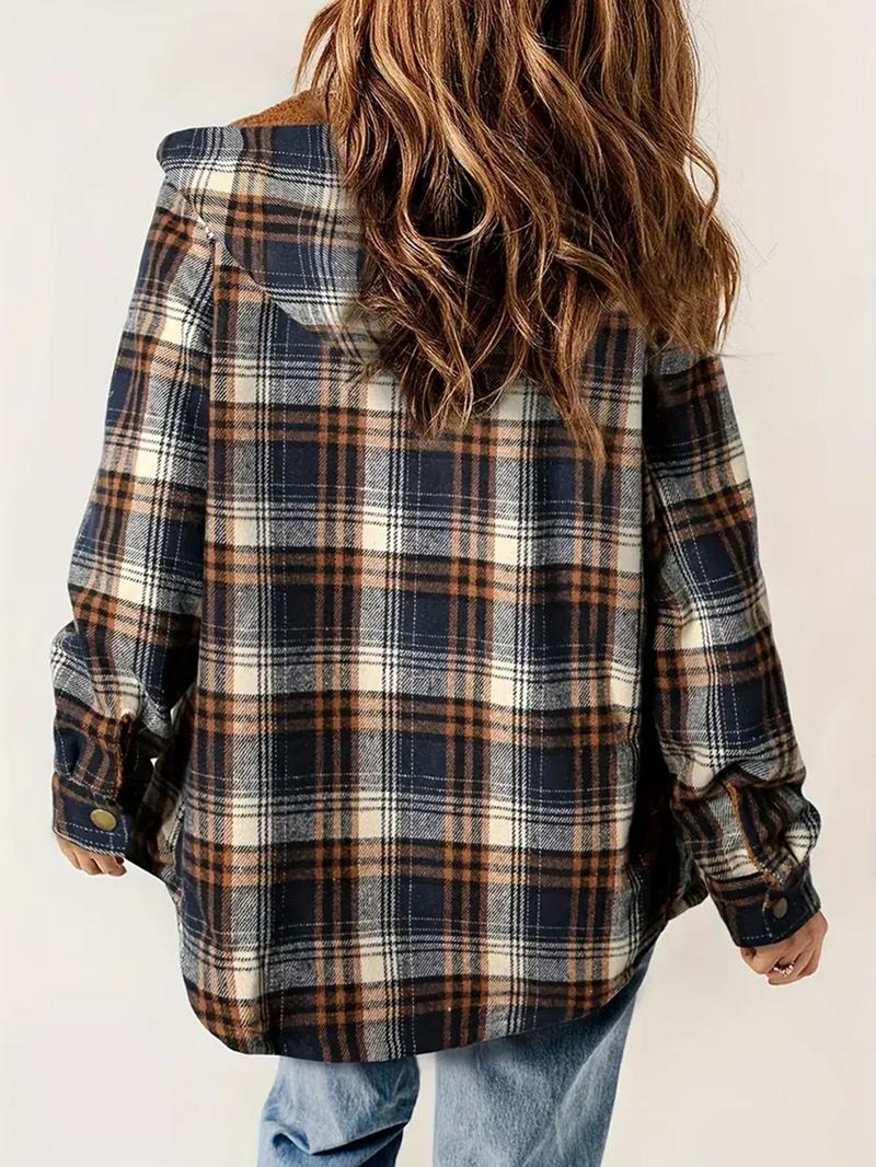 Product Introduction of Women's Plaid Print Button Front Hooded Jacket, Casual Long Sleeve Pocket Outerwear for Fall & Winter, Ladies Clothes for Daily Wear 7