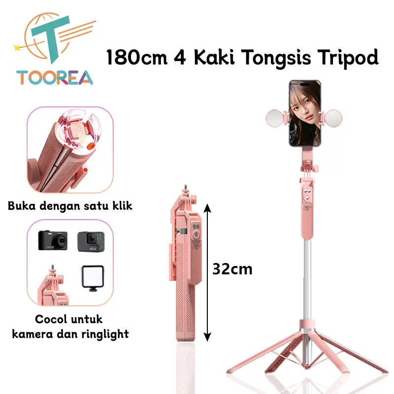 TOOREA Tongsis Tripod Bluetooth 180CM Paduan Aluminium Selfie Stick 4-leg Stand Remote Tripod HP Kamera DSLR Tongsis Dengan Control Bluetooth 7 Tombol Tongkat Selfie Portable Adaptor