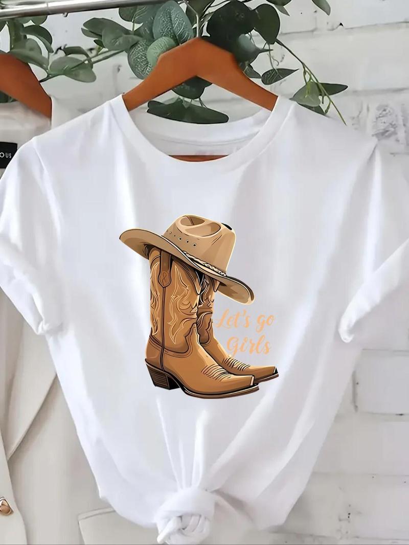 Product Introduction of Women's Letter & Cowboy Hat Print Round Neck Graphic Tee, Vintage Trendy Casual Short Sleeve T-shirt for Daily Wear, Ladies Summer Clothes, Western Clothing 9