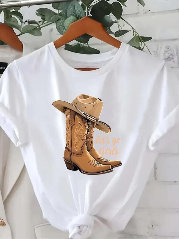 Women's Letter & Cowboy Hat Print Round Neck Graphic Tee, Vintage Trendy Casual Short Sleeve T-shirt for Daily Wear, Ladies Summer Clothes, Western Clothing 3