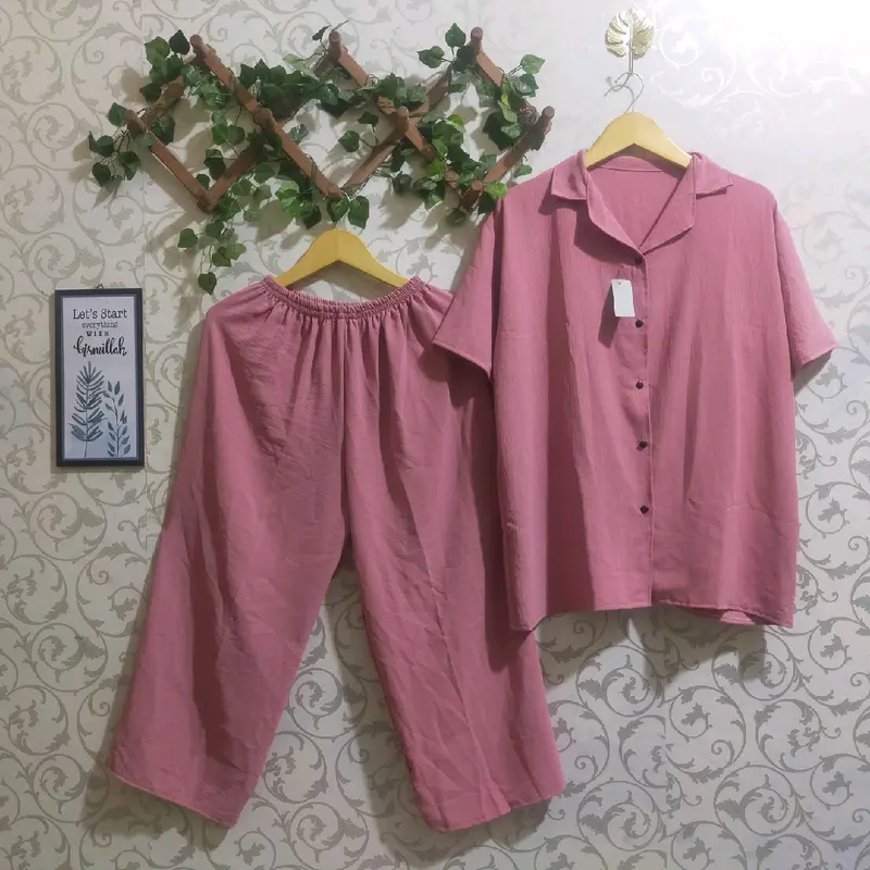 Ld 120 setcel karla pendek jumbo/setelan crinkle airflow pendek/setcel pendek crinkle airflow/setelan piyama wanita/baju Santai/baju Tidur Nyaman celana Panjang Busui Kerah 2