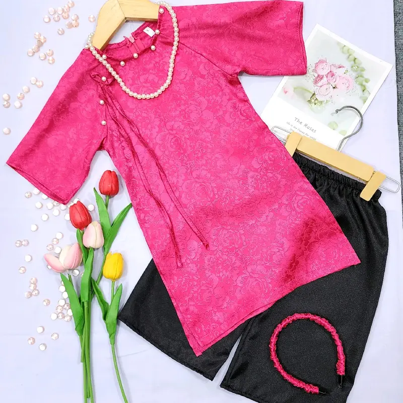 (9-38kg) Bộ áo dài gấm truyền thống tay lở (kèm xược và chuỗi ngọc) + quần lụa bóng mềm mát 2