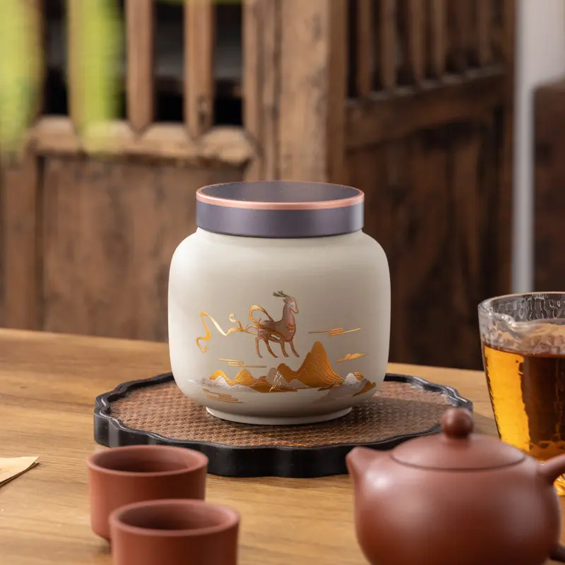 Purple Sand Ceramic Sealed Can Stoneware Tea Tins Longjing Black Tea Pu'er Storage Tea Storage Ointment Empty Can Gift Packaging Bottles Organiser Canister 2