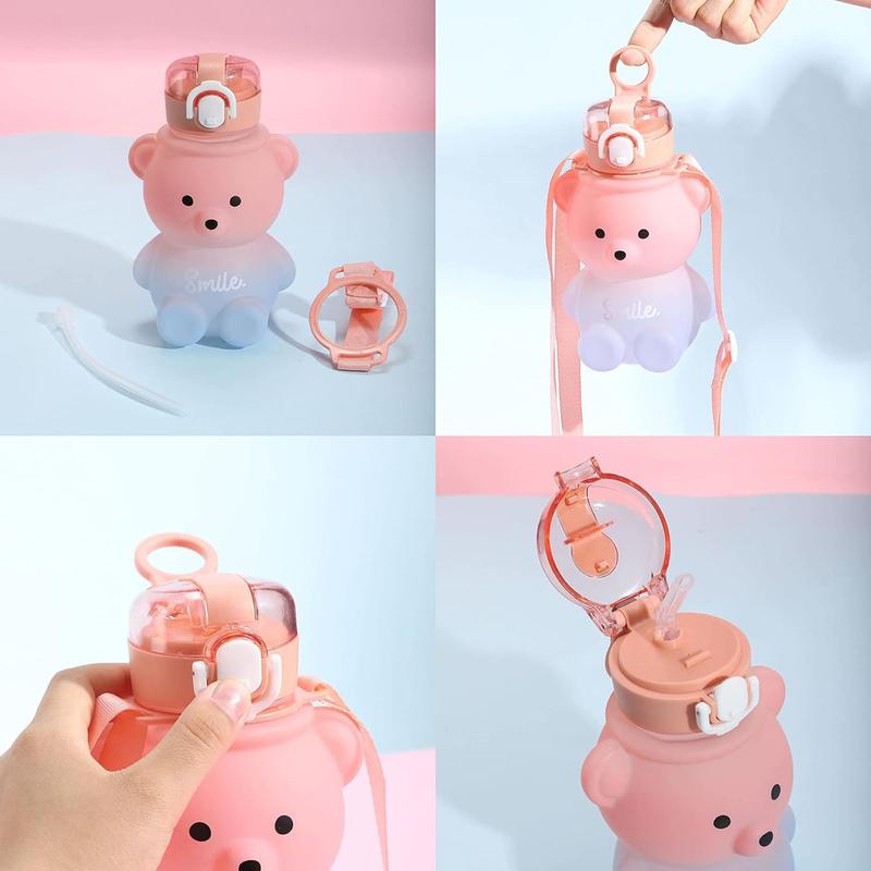 Cartoon Bear Design Water Bottle, Cute Large Capacity Water Drinking Bottle with Straw & Adjustable Strap, Portable Drinking Bottle for Home School Camp Outdoor 6